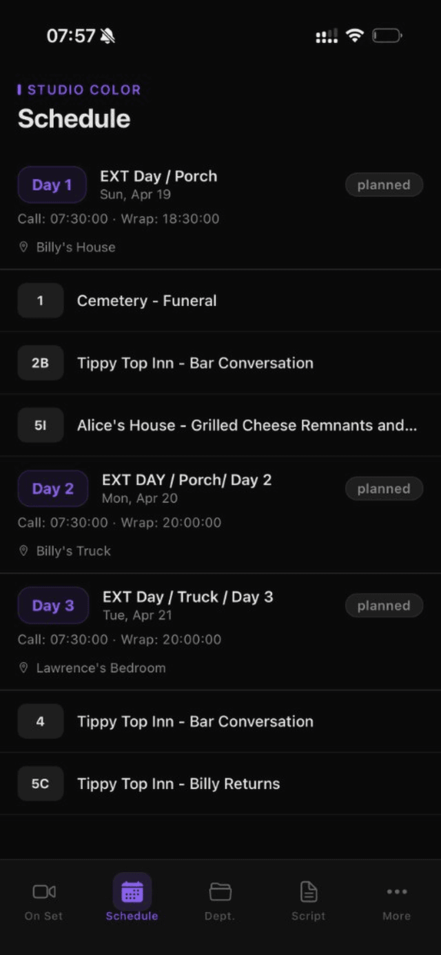 Studio Color iOS app — schedule view
